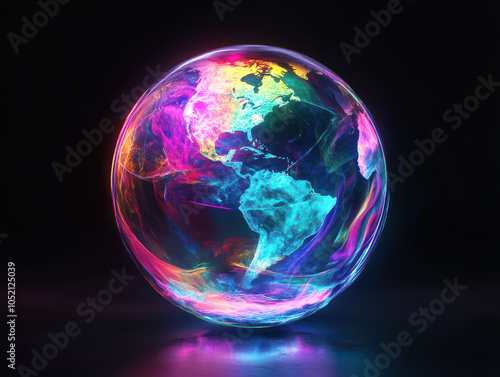 A vibrant, futuristic depiction of Earth glowing with neon lights against a dark background, showcasing North and South America.