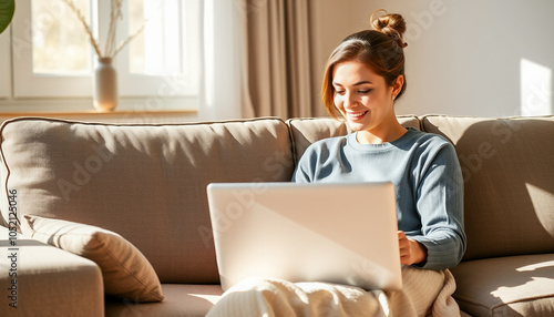 Woman sitting on a couch, working on a laptop at home