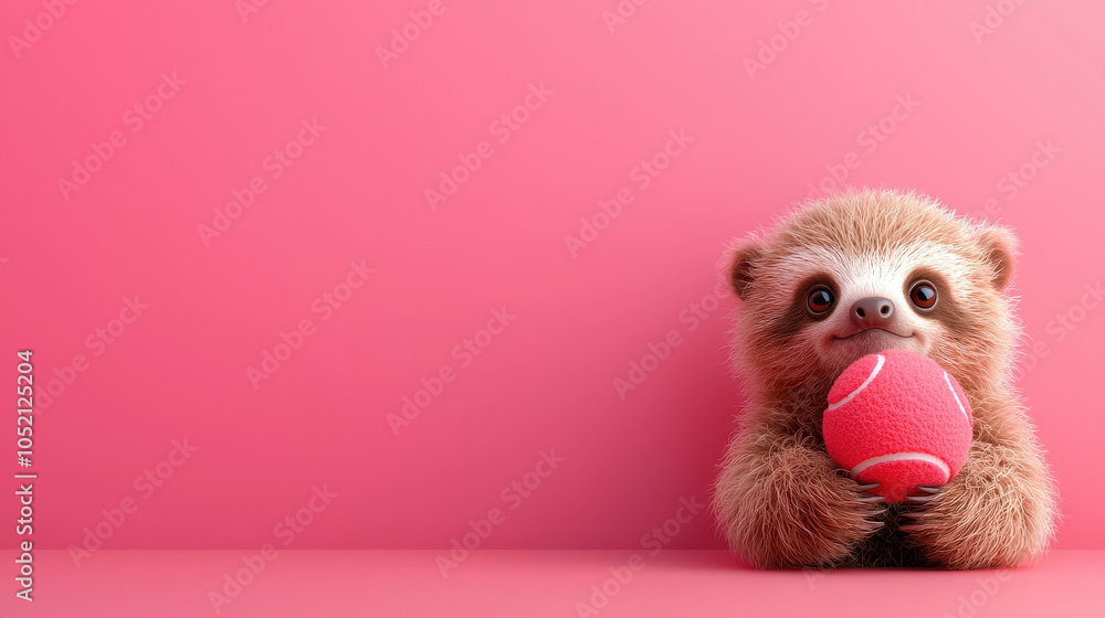 cute sloth holding pink tennis ball against gentle gradient background, exuding playful and cheerful vibe. This adorable creature captures attention with its charming expression