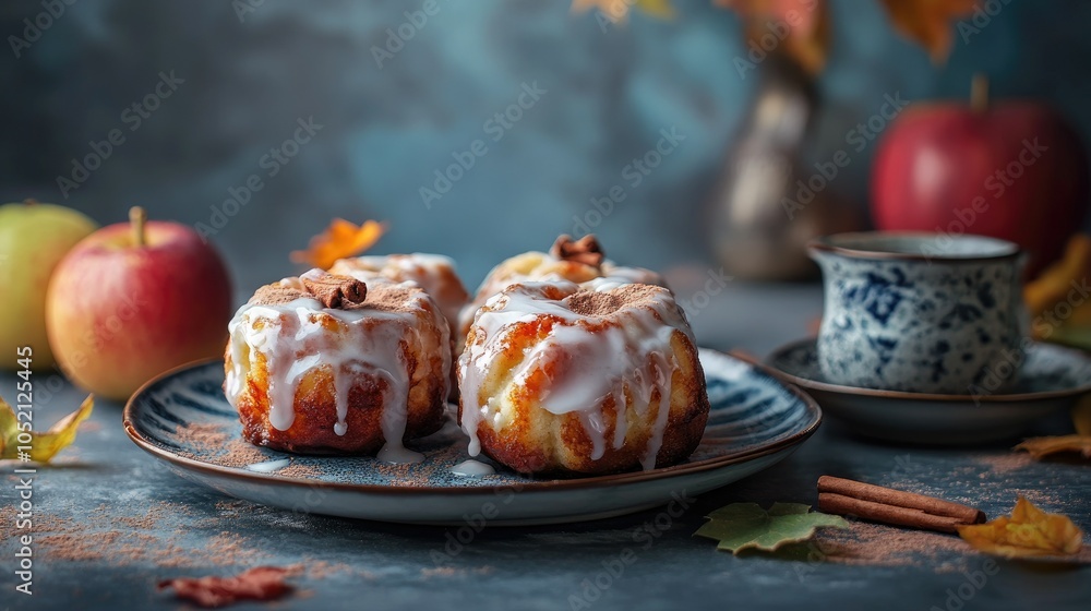 Fototapeta premium Apple fritters with cinnamon glaze, autumn setting, space to copy