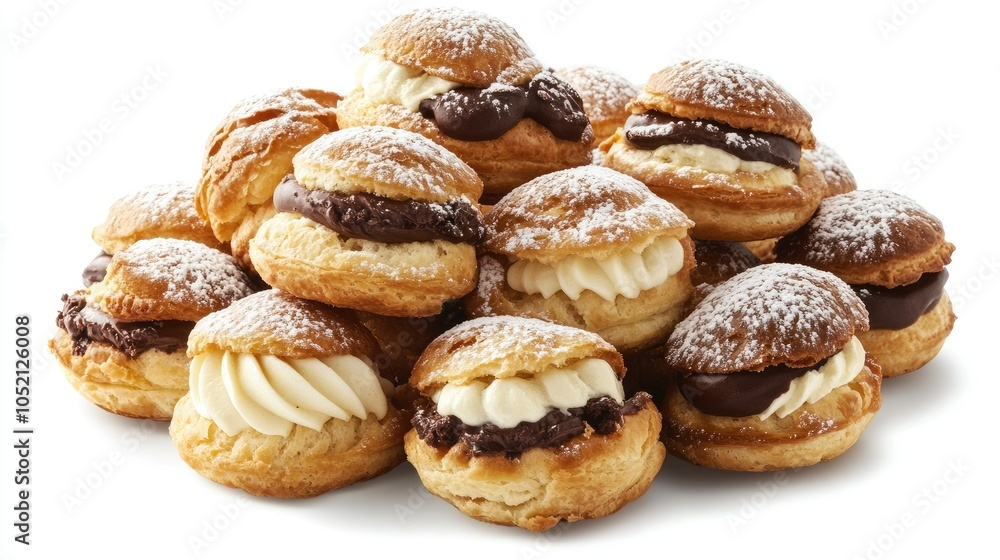 Assorted cream puffs with vanilla and chocolate filling, text area available Assorted cream puffs with vanilla and chocolate filling, text area available