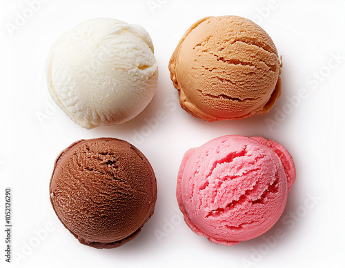 The image showcases a variety of ice cream balls or scoops, each with a unique flavor profile, including vanilla, strawberry, chocolate, and caramel.