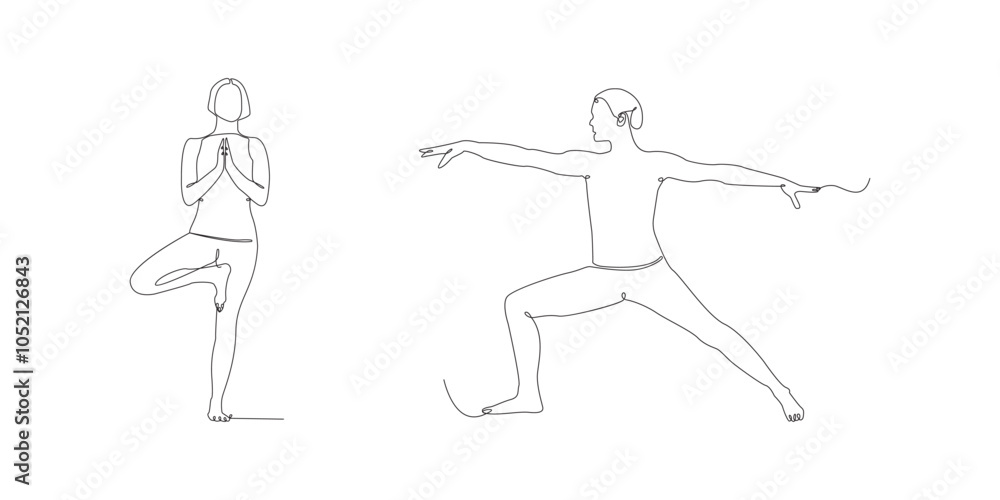 yoga tree pose and warrior pose examples. advanced line art. physical and mental health movements yoga tree pose and warrior pose examples. advanced line art. physical and mental health movements