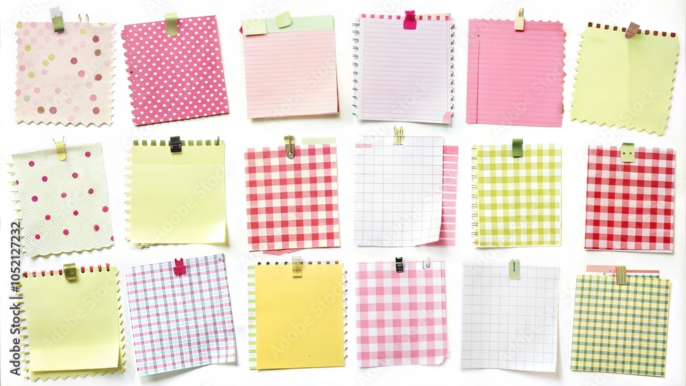 Colorful Sticky Notes Collection on White Background - Variety of Textured, Gridded, and Lined Paper Note Pads Taped Colorful Sticky Notes Collection on White Background - Variety of Textured, Gridded, and Lined Paper Note Pads Taped