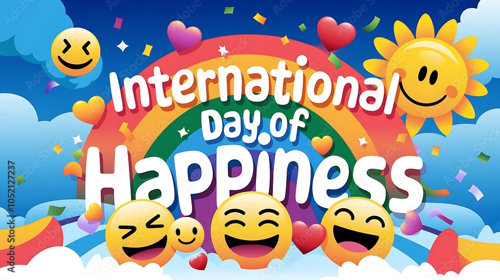 Fototapeta premium International Day of Happiness with Emojis and Rainbow