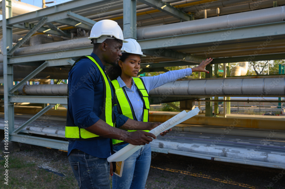 Construction engineer holds blueprints to inspect and verify piping systems in new industrial construction projects. Construction engineer holds blueprints to inspect and verify piping systems in new industrial construction projects.