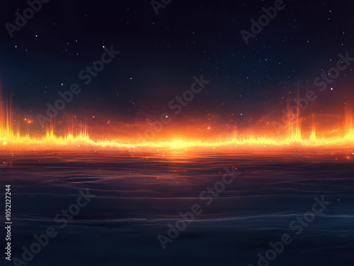 Vibrant horizon glows with fiery shades beneath twinkling night sky, evoking a sense of mystery and wonder.