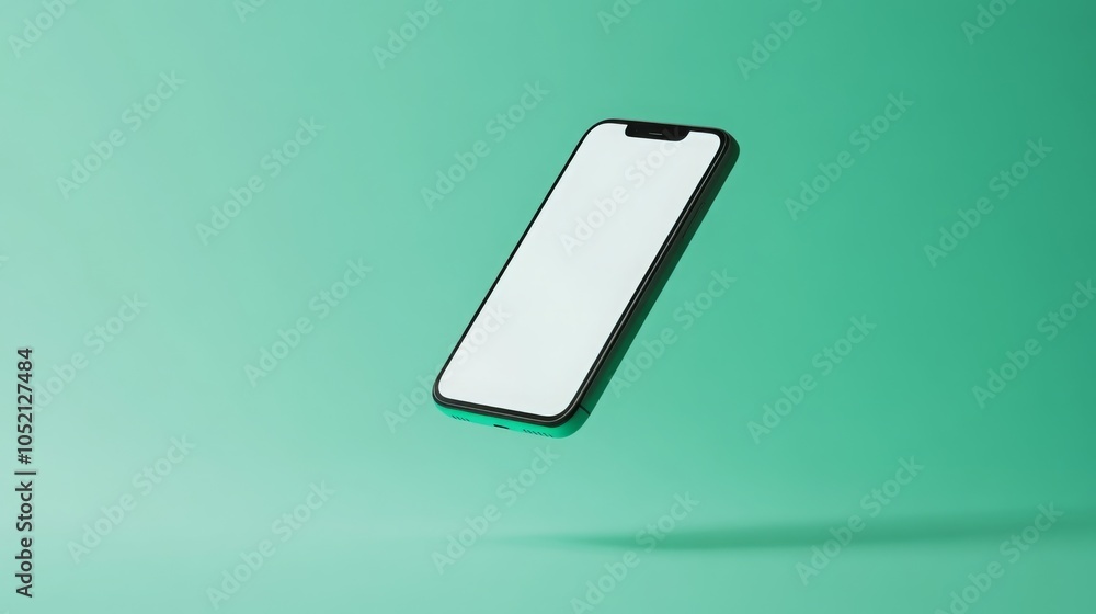 A black smartphone with a blank screen is floating horizontally in front of a teal background. The phone is tilted slightly, so its top edge is closer to the camera. A black smartphone with a blank screen is floating horizontally in front of a teal background. The phone is tilted slightly, so its top edge is closer to the camera.