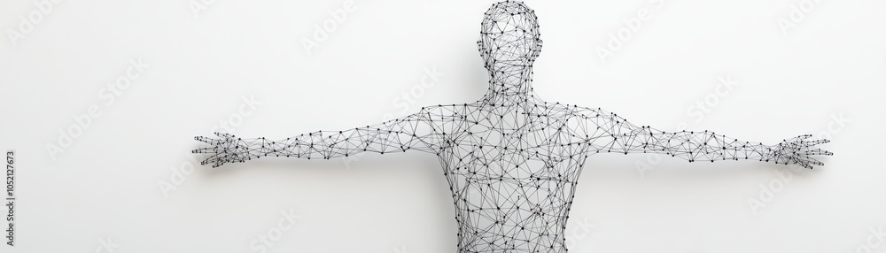 A contemporary wireframe sculpture of a human figure with outstretched arms, symbolizing freedom and creativity in art. A contemporary wireframe sculpture of a human figure with outstretched arms, symbolizing freedom and creativity in art.