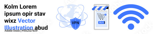 Various icons symbolize VPN protection a shopping cart with a storefront and a wireless signal. Ideal for online security e-commerce connectivity technology and communication. Banner for landing page