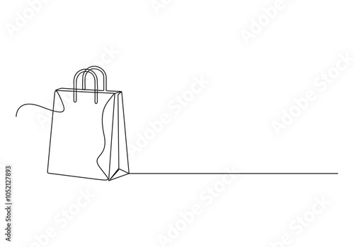 Shopping paper bag continuous one line drawing. Craft paper pack for gift food item packet retail packaging concept vector illustration 