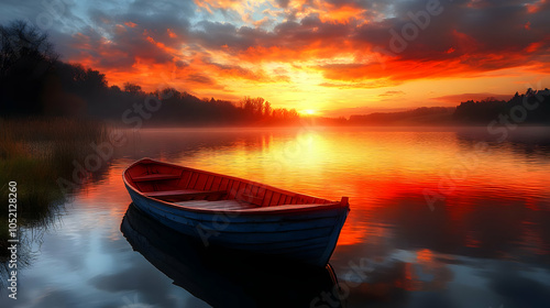 Sunset Boat on Calm Water -...
