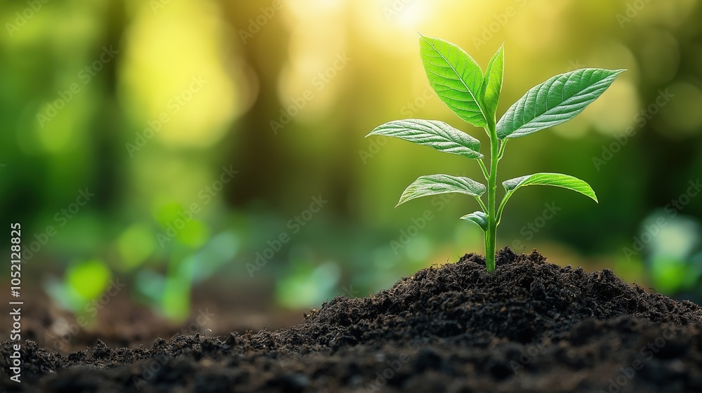 A vibrant green seedling emerges from rich soil, symbolizing new growth and hope against a softly lit, lush forest backdrop A vibrant green seedling emerges from rich soil, symbolizing new growth and hope against a softly lit, lush forest backdrop