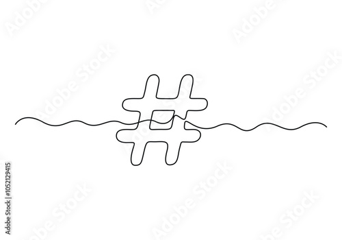 Continuous one line drawing of a number sign. Single line hashtag symbol icon. One line icon. Vector illustration.