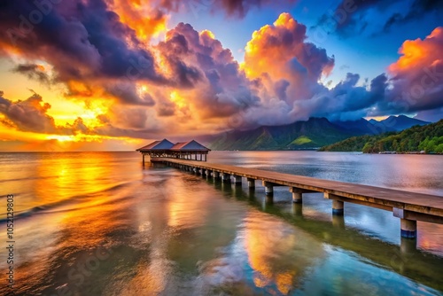 Scenic Jetty Sunset Over Hanalei Bay - High Dynamic Range Photography photo