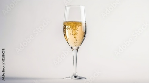 A single champagne flute filled with sparkling wine, on a white background.