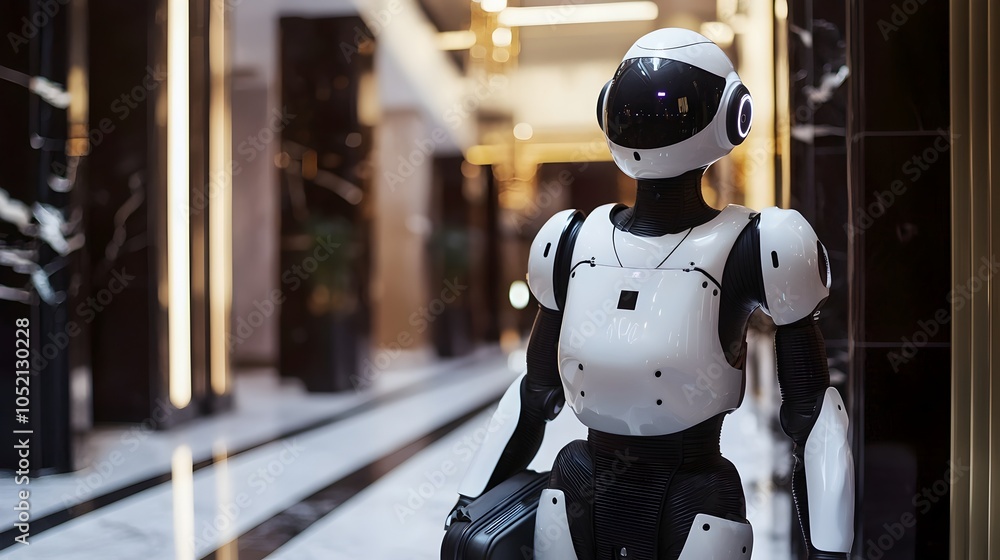 A Robotic Concierge Welcoming Guests Handling Luggage and Offering Personalized Recommendations in a Luxury Hotel A Robotic Concierge Welcoming Guests Handling Luggage and Offering Personalized Recommendations in a Luxury Hotel