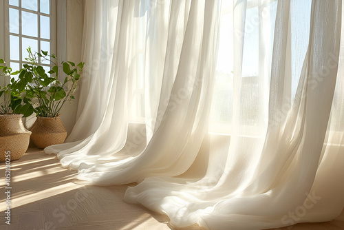 Bright, airy room with flowing white curtains and potted plants, allowing sunlight to filter through, creating a warm, inviting atmosphere.