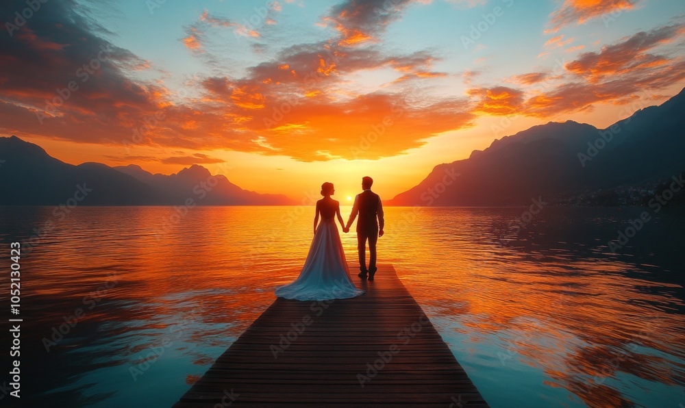 3D wedding couple holding hands on a lakeside pier, their silhouettes reflected in the water as the sun sets 3D wedding couple holding hands on a lakeside pier, their silhouettes reflected in the water as the sun sets