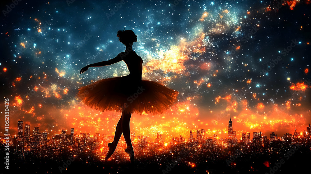 Naklejka premium Silhouette of a Ballerina Dancing in a Starry Night