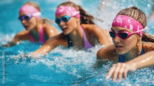 Young swimmers racing with determination and focus.