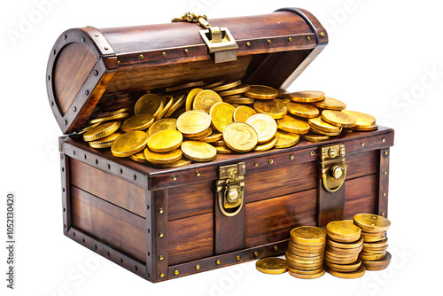 treasure chest with gold coins on white background.AI GENERATED photo