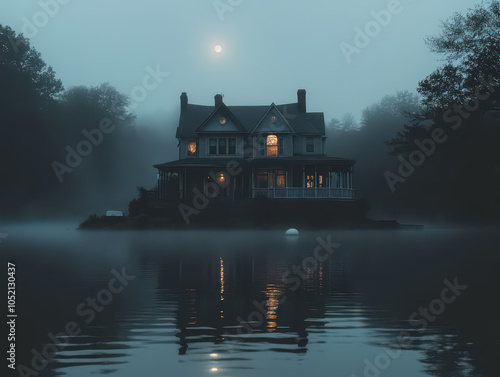 Eerie Victorian house by the lake under full moon, reflecting on misty waters.