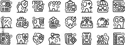 Dental insurance icons set. Maintaining healthy teeth and gums with regular dental check ups, cleanings, and proper oral hygiene