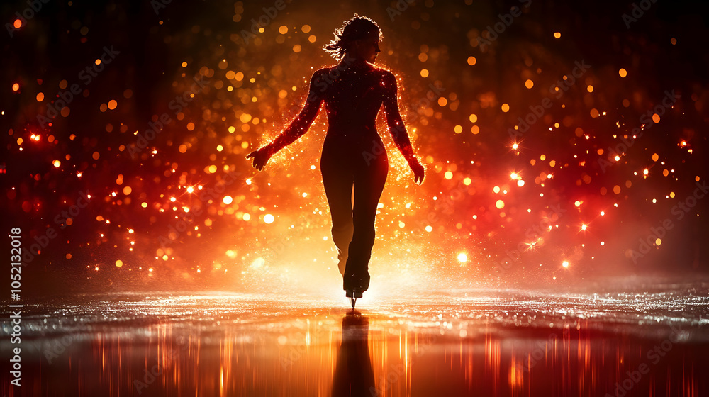 Naklejka premium Silhouette of a Skater on an Ice Rink with Sparkles