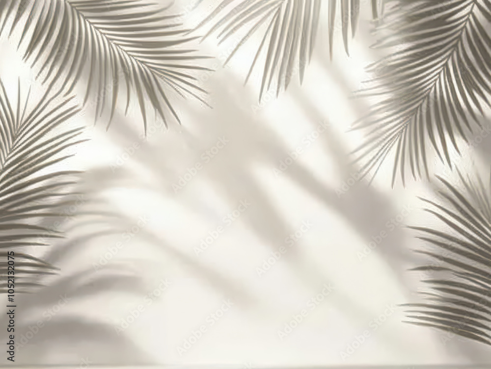 Fototapeta premium Tropical palm leaves casting graceful shadows on a sunlit white background.