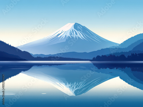 Serene mountain landscape with a perfect reflection in tranquil lake waters under a clear blue sky.