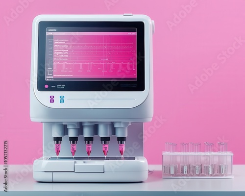 DNA sequencing machine with digital overlay, closeup on gene editing, sequencing closeup, smart, futuristic photo