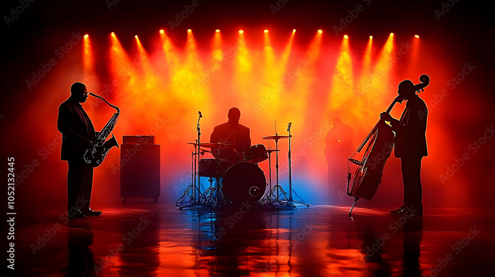 Fototapeta premium Silhouettes of Musicians on Stage with Lighting