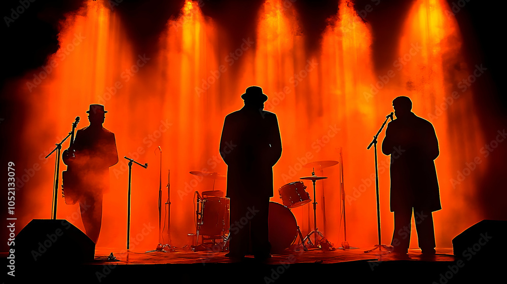Fototapeta premium Silhouettes of Musicians on Stage with Orange Lighting Illustration