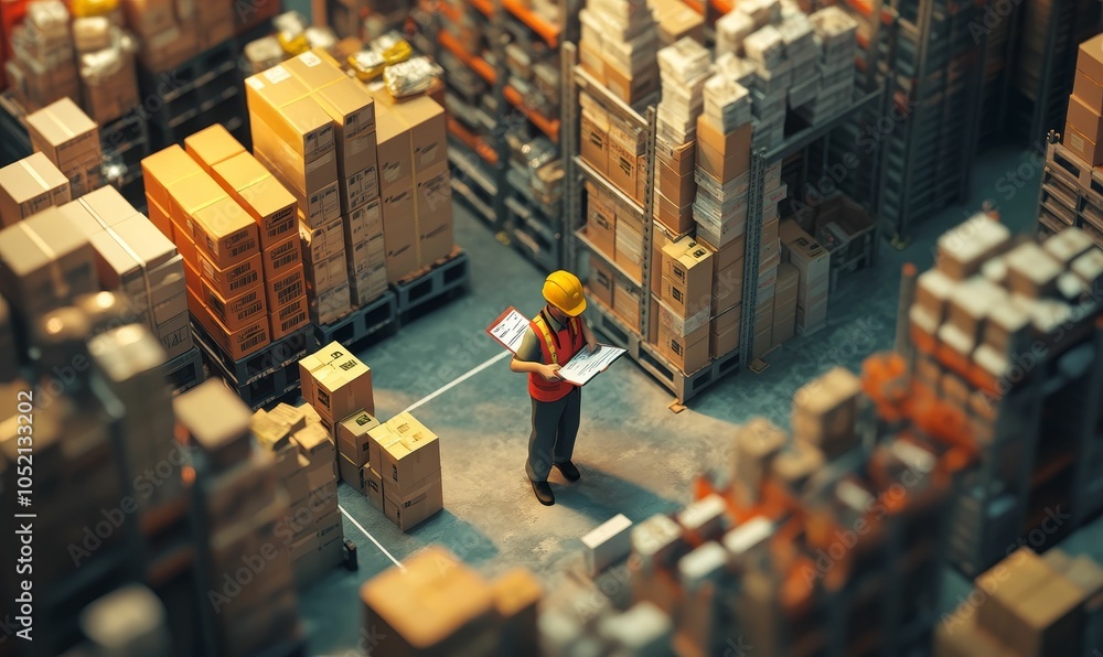 Obraz premium Warehouse worker checking inventory among boxes.