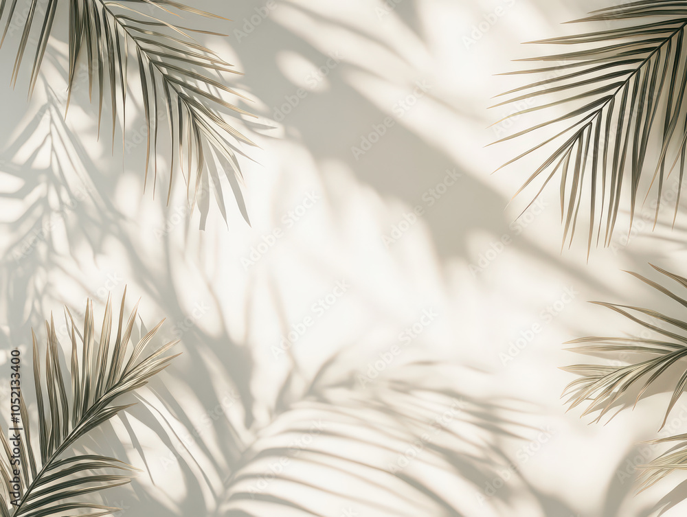 Fototapeta premium Shadows of palm leaves cast on a beige wall, creating a tropical and serene atmosphere.