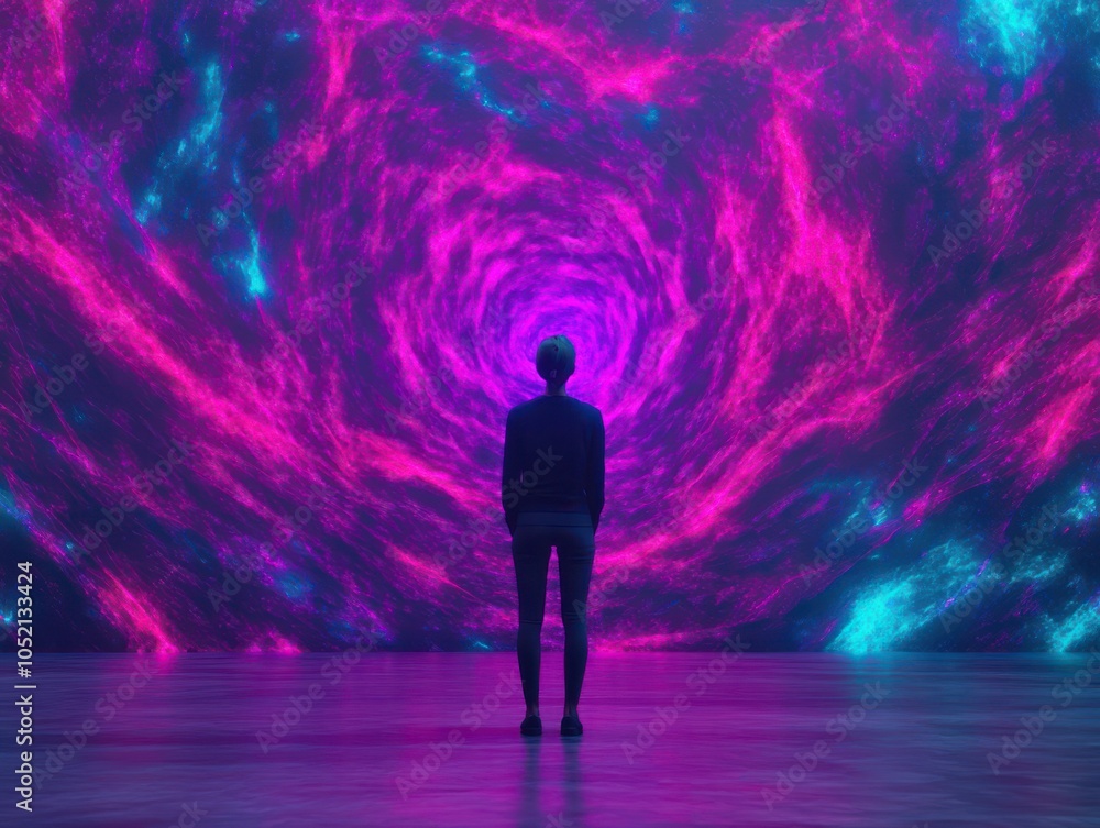 A silhouetted figure stands in awe before a vibrant, swirling portal of colorful light, evoking mystery and exploration. A silhouetted figure stands in awe before a vibrant, swirling portal of colorful light, evoking mystery and exploration.
