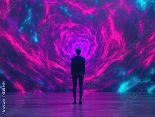 A silhouetted figure stands in awe before a vibrant, swirling portal of colorful light, evoking mystery and exploration.