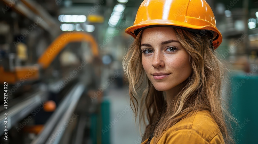 female factory worker wearing a safety helmet, positioned confidently in front of a bustling production line, embodying strength and professionalism in a dynamic industrial setting female factory worker wearing a safety helmet, positioned confidently in front of a bustling production line, embodying strength and professionalism in a dynamic industrial setting