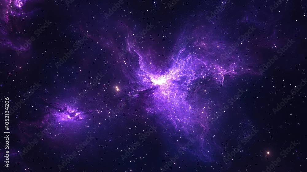 Fototapeta premium A cosmic scene of a purple galaxy, its bright stars illuminating the surrounding nebulae, casting deep violet hues across the dark expanse