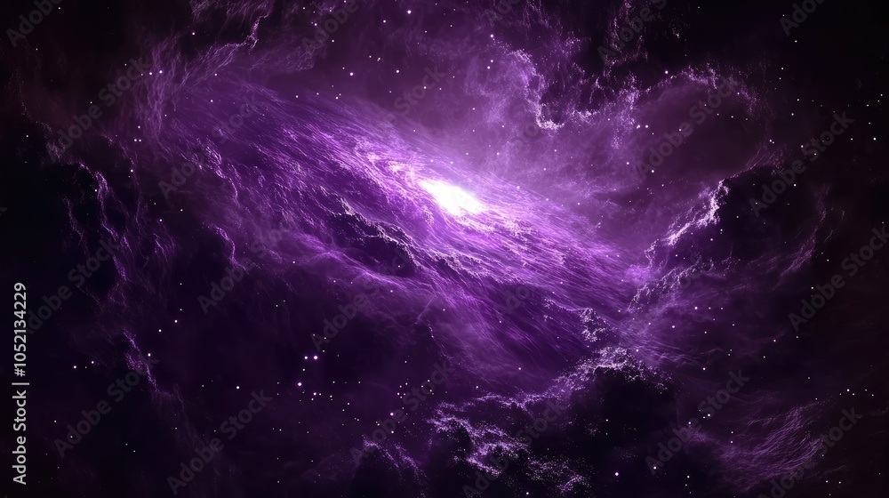 Obraz premium A cosmic scene of a purple galaxy, its bright stars illuminating the surrounding nebulae, casting deep violet hues across the dark expanse