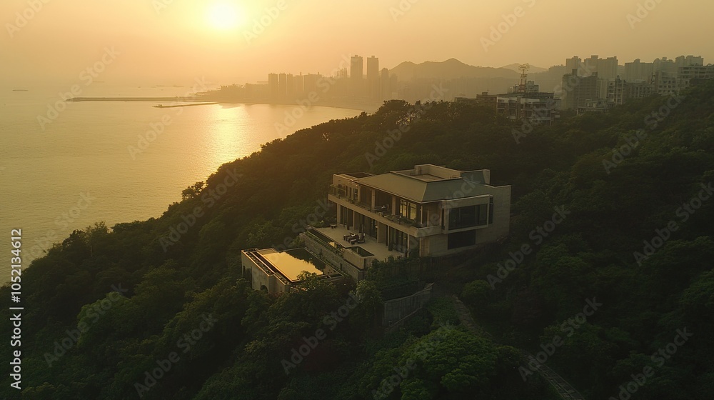 Fototapeta premium An Abstract High-Angle View from a Villa Rooftop or Terrace, Overlooking the Entire Villa and Scenic Ocean View, Perfectly Capturing the Overall Layout and Surrounding Environment, Ideal for Travel a