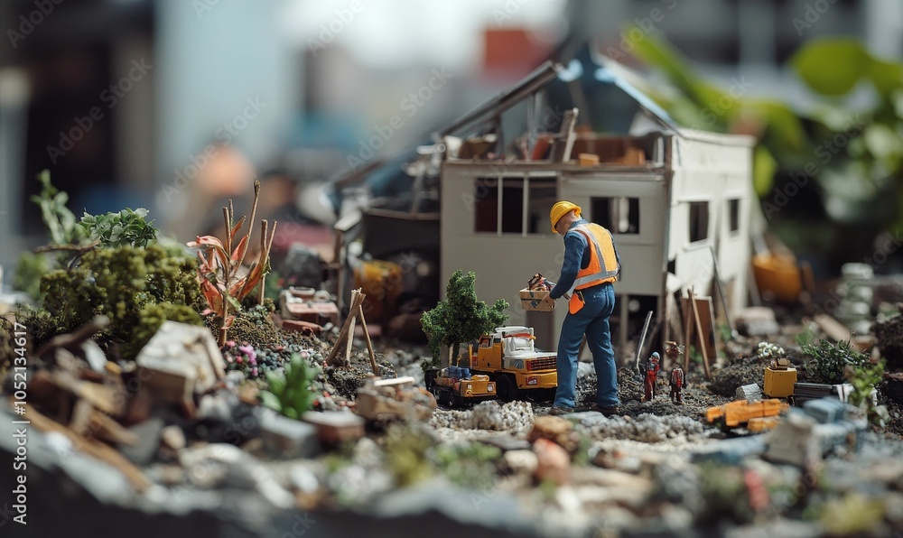 Construction worker miniature scene with debris. Construction worker miniature scene with debris.