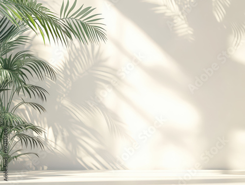 Sunlight casts palm leaf shadows on a neutral wall, creating a serene and tropical ambiance.