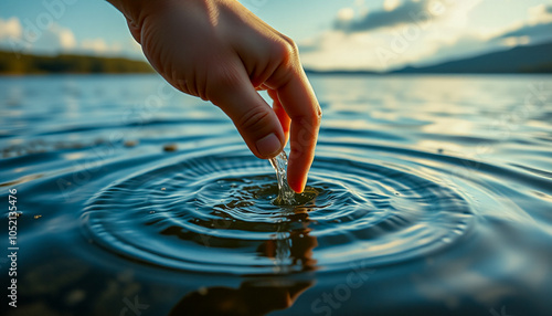 Close-up of a hand reaching into still water with gentle ripples