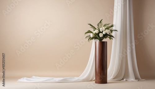 Elegant Wooden Pedestals with Draped Fabric and Floral Arrangement