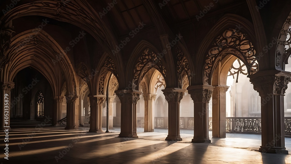 Sunlight Streams Through Ornate Arches in a Historic Architectural Interior at Dawn Sunlight Streams Through Ornate Arches in a Historic Architectural Interior at Dawn