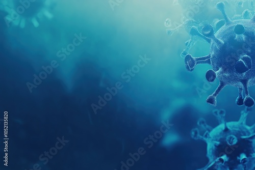 Blue virus-like structures floating in a glowing, abstract background, symbolizing infection or microscopic organisms photo