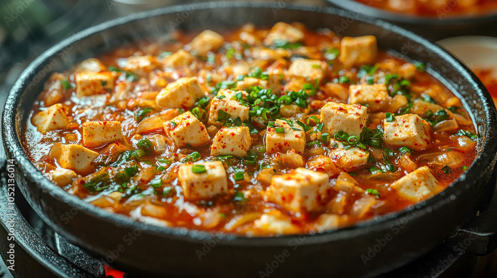 A delicious dish with soft tofu and vegetables served in a hot pot, garnished with green onions A delicious dish with soft tofu and vegetables served in a hot pot, garnished with green onions