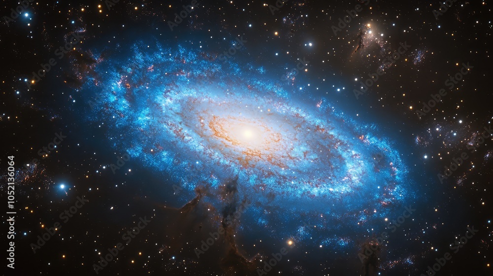 A distant blue galaxy with vibrant swirling arms, its core radiating a rich cobalt hue against the backdrop of a star-studded sky A distant blue galaxy with vibrant swirling arms, its core radiating a rich cobalt hue against the backdrop of a star-studded sky